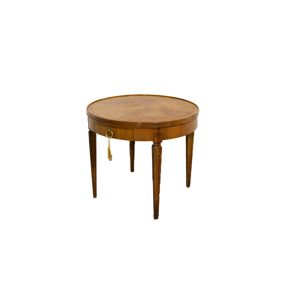 Mid Century Walnut Round Sunburst Veneer Side Table by Baker Furniture