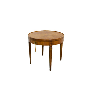 Mid Century Walnut Round Sunburst Veneer Side Table by Baker Furniture