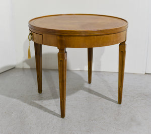 Mid Century Walnut Round Sunburst Veneer Side Table by Baker Furniture