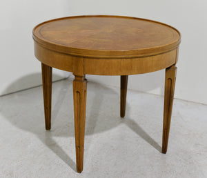 Mid Century Walnut Round Sunburst Veneer Side Table by Baker Furniture