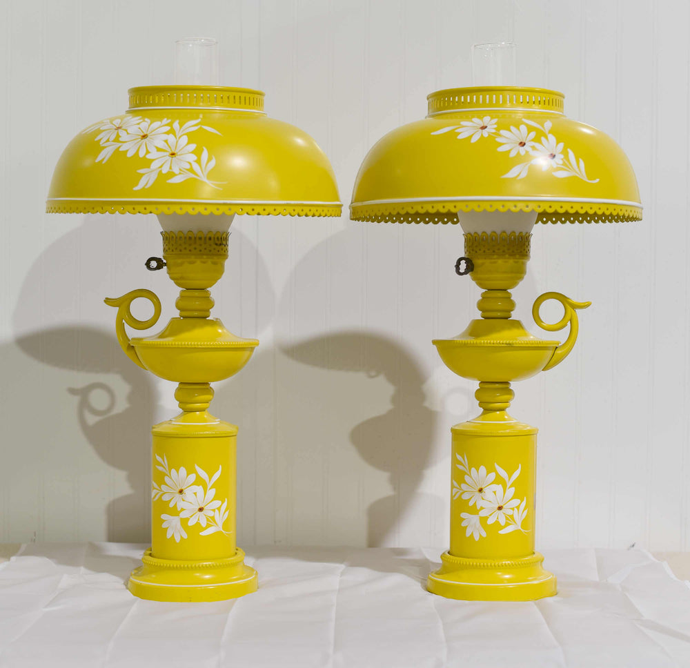 Mid Century Metal Lanterns Painted Yellow Table Lamps - a Pair