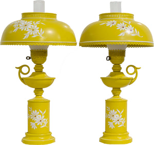 Mid Century Metal Lanterns Painted Yellow Table Lamps - a Pair