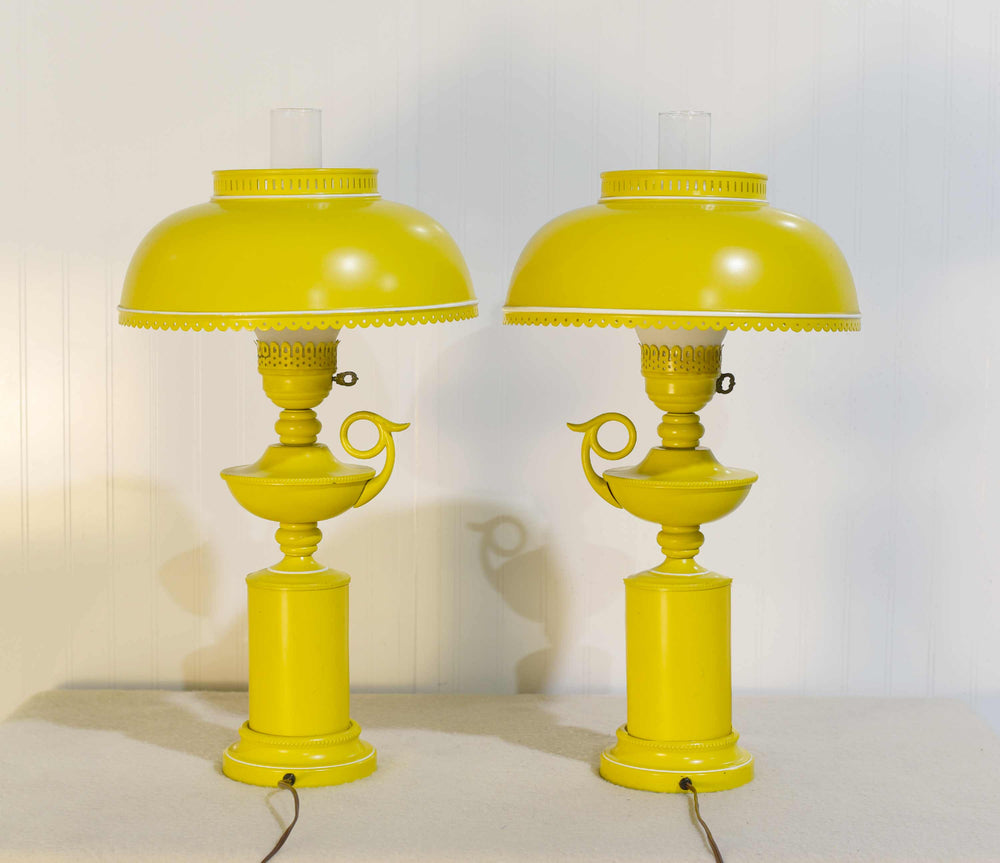 Mid Century Metal Lanterns Painted Yellow Table Lamps - a Pair