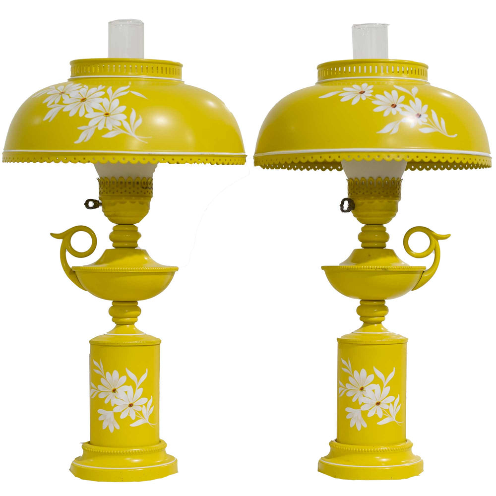 Mid Century Metal Lanterns Painted Yellow Table Lamps - a Pair