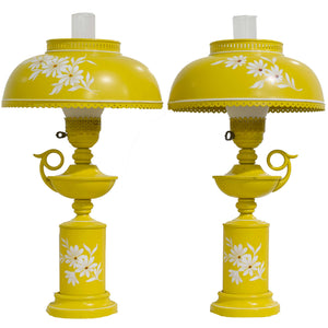 Mid Century Metal Lanterns Painted Yellow Table Lamps - a Pair