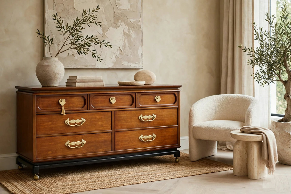 Mid Century Chinoiserie 7 Drawer Dresser by Bassett Furniture styled as Quiet Luxury