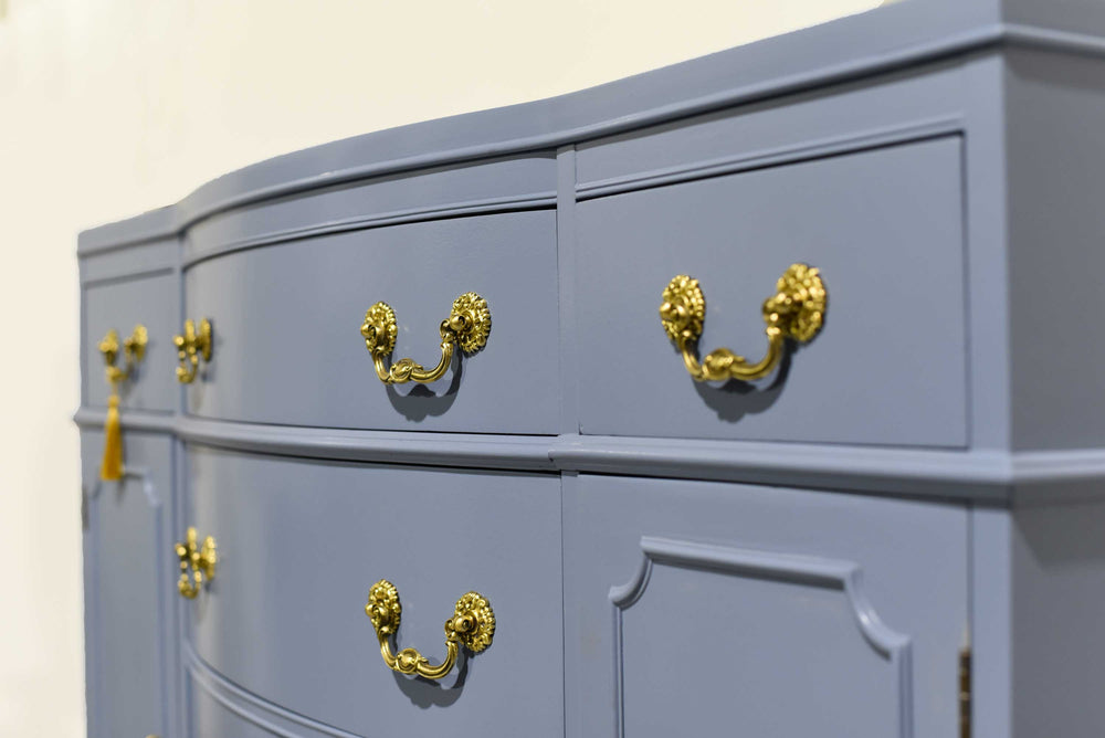 Mid Century Colonial Revival Style Curve Front Buffet in Blue - Newly Painted