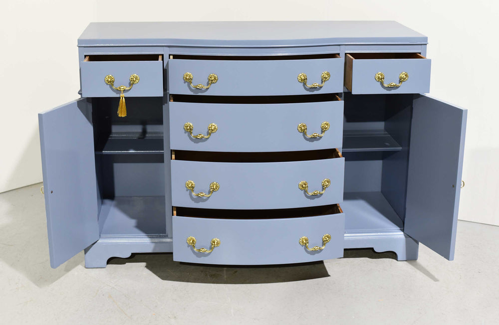 Mid Century Colonial Revival Style Curve Front Buffet in Blue - Newly Painted