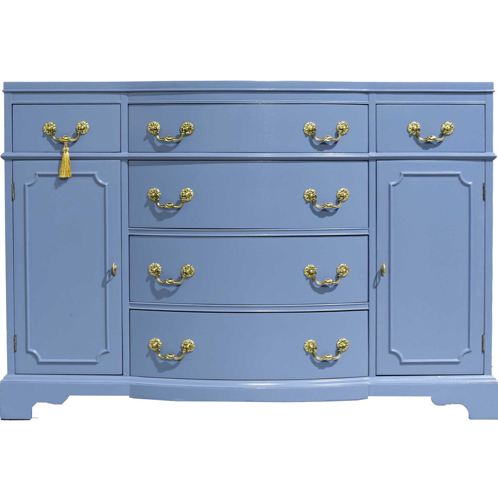 Mid Century Colonial Revival Style Curve Front Buffet in Blue - Newly Painted