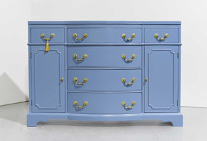 Mid Century Colonial Revival Style Curve Front Buffet in Blue - Newly Painted