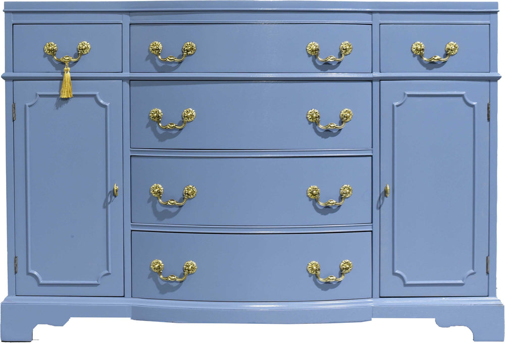 Mid Century Colonial Revival Style Curve Front Buffet in Blue - Newly Painted