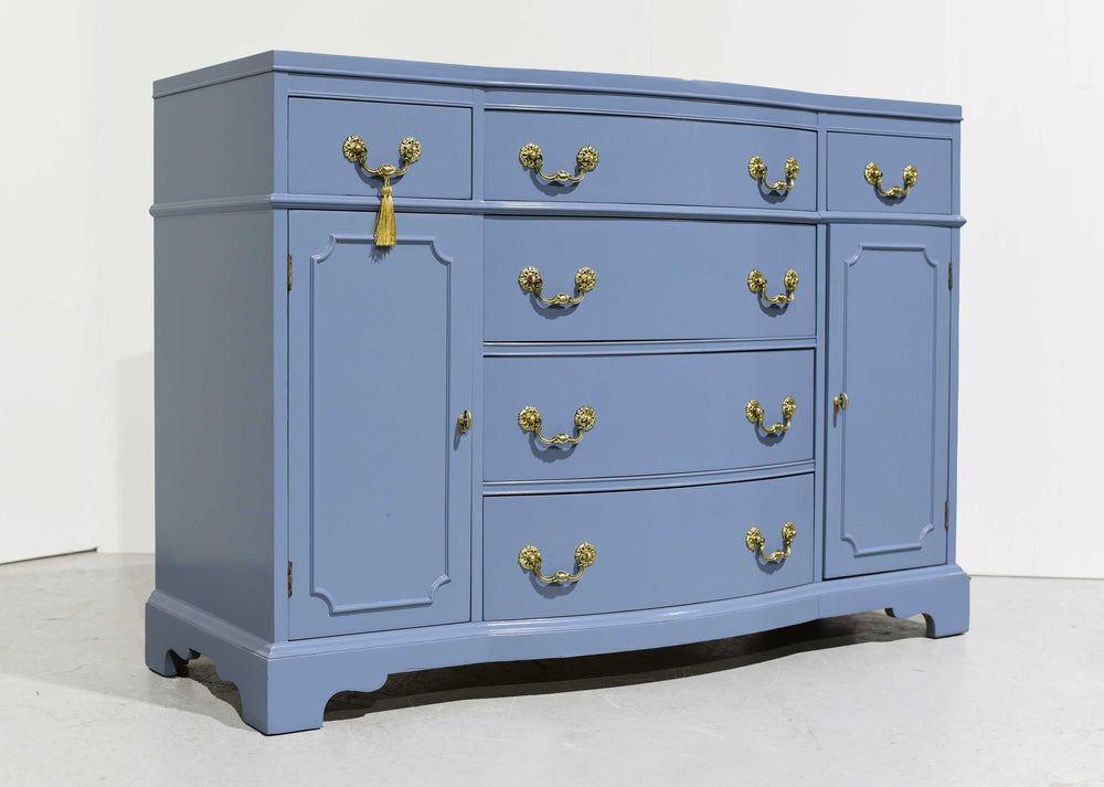 Mid Century Colonial Revival Style Curve Front Buffet in Blue - Newly Painted