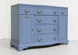 Mid Century Colonial Revival Style Curve Front Buffet in Blue - Newly Painted