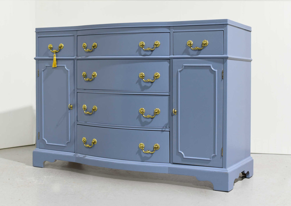 Mid Century Colonial Revival Style Curve Front Buffet in Blue - Newly Painted
