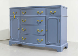 Mid Century Colonial Revival Style Curve Front Buffet in Blue - Newly Painted