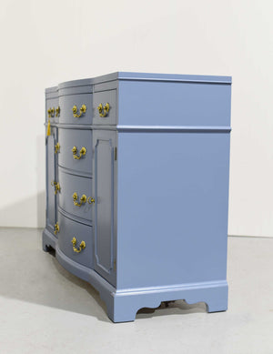 Mid Century Colonial Revival Style Curve Front Buffet in Blue - Newly Painted