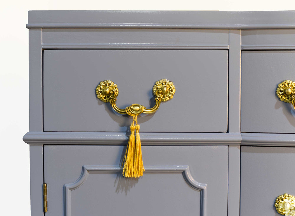 Mid Century Colonial Revival Style Curve Front Buffet in Blue - Newly Painted