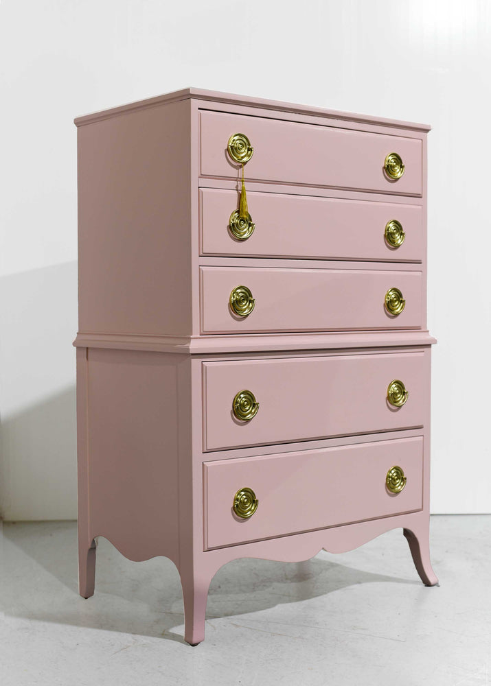 Mid Century Federal Style Highboy in Pink - Newly Painted