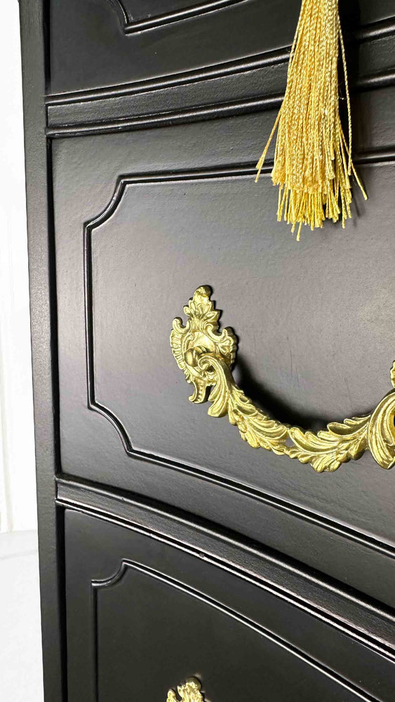 Mid Century French Style Highboy Dresser by John M. Smyth Co. in Black - Newly Painted