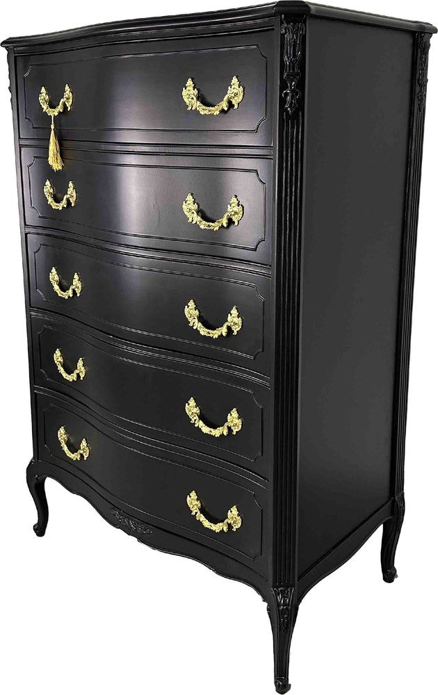Mid Century French Style Highboy Dresser by John M. Smyth Co. in Black - Newly Painted
