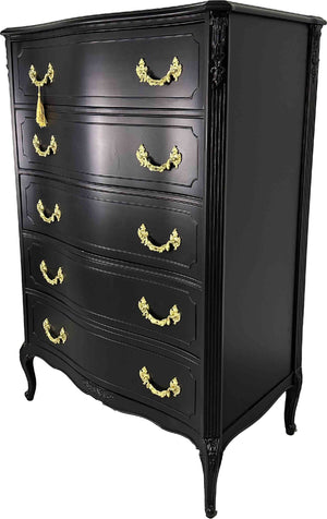 Mid Century French Style Highboy Dresser by John M. Smyth Co. in Black - Newly Painted