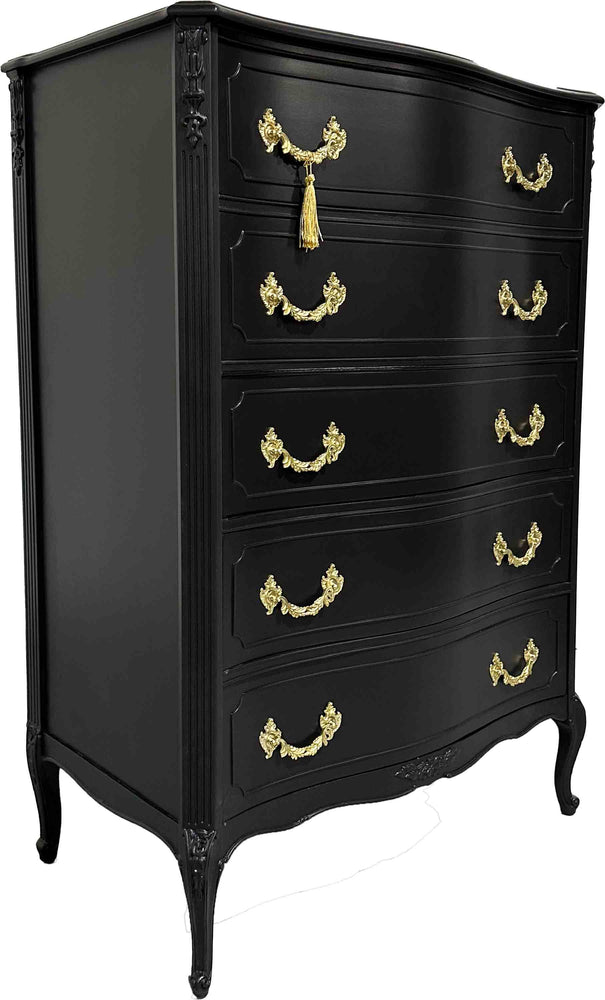Mid Century French Style Highboy Dresser by John M. Smyth Co. in Black - Newly Painted