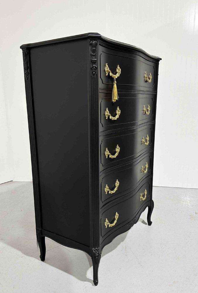 Mid Century French Style Highboy Dresser by John M. Smyth Co. in Black - Newly Painted