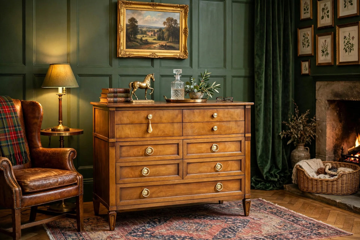 Mid Century Transitional 9 Drawer Batchelor Chest by Henredon Furniture styled as Traditional English Country