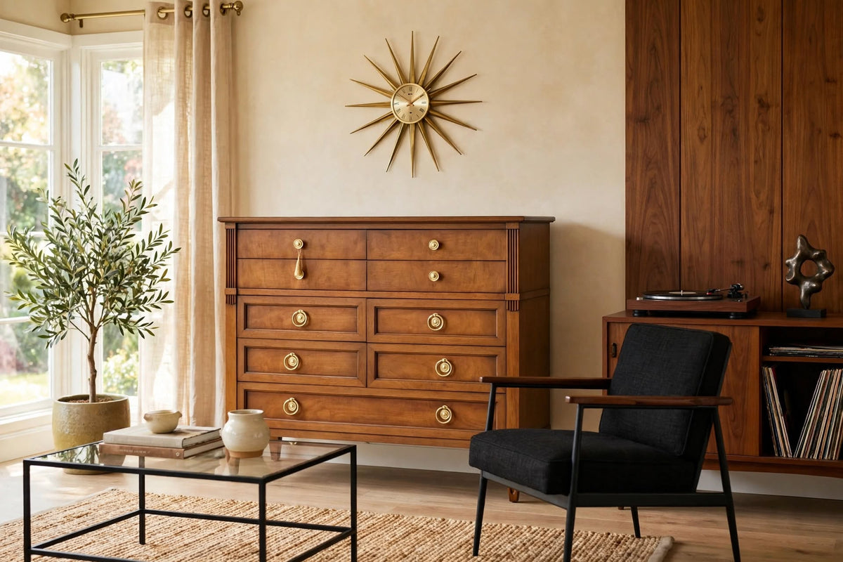 Mid Century Transitional 9 Drawer Batchelor Chest by Henredon Furniture styled as Mid-Century Modern