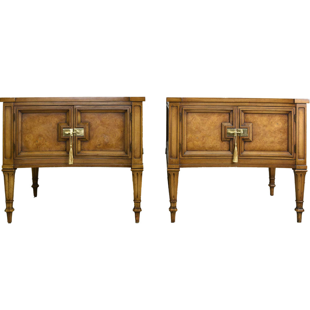 Mid Century Transitional Curve Front Burlwood Nightstands by Weiman - A Pair