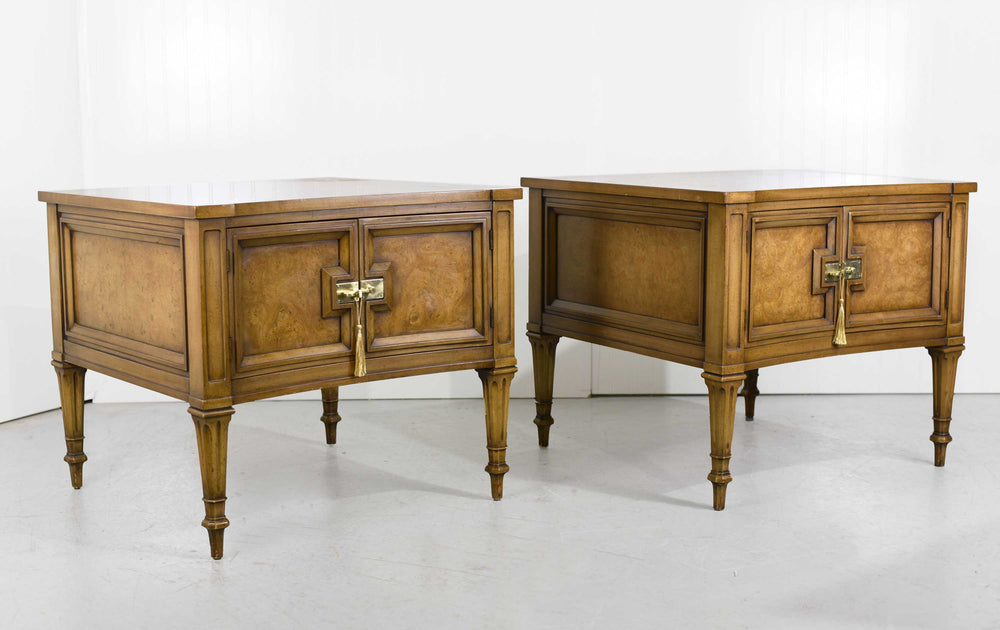 Mid Century Transitional Curve Front Burlwood Nightstands by Weiman - A Pair