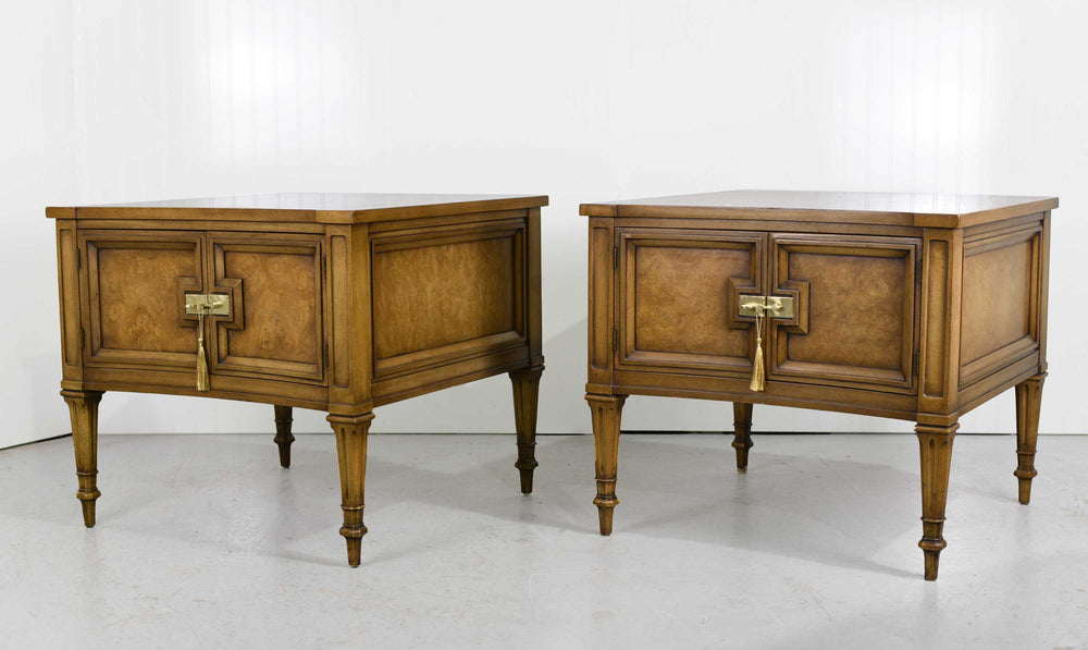 Mid Century Transitional Curve Front Burlwood Nightstands by Weiman - A Pair