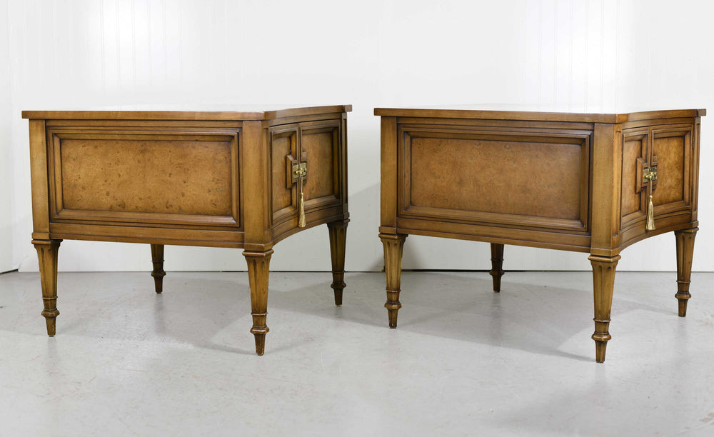 Mid Century Transitional Curve Front Burlwood Nightstands by Weiman - A Pair