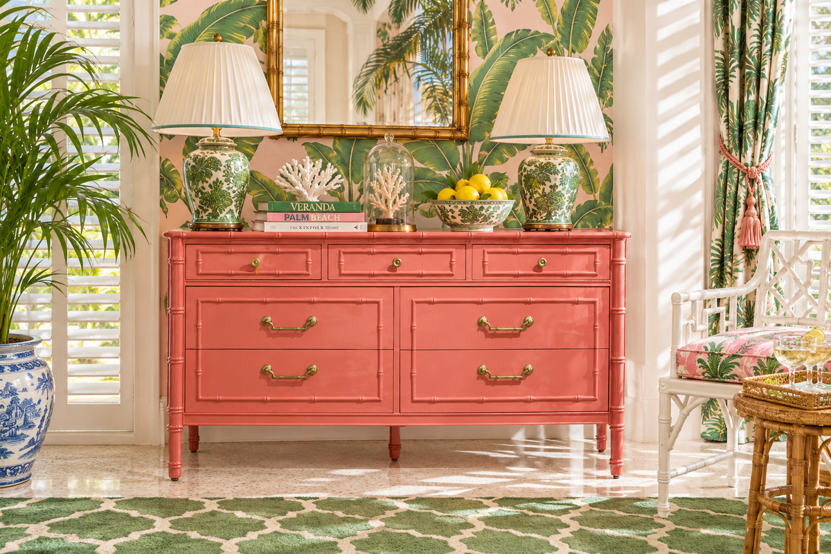 Mid Century Hollywood Regency Faux Bamboo Dresser with Brass Hardware by Thomasville styled as Palm Beach Regency