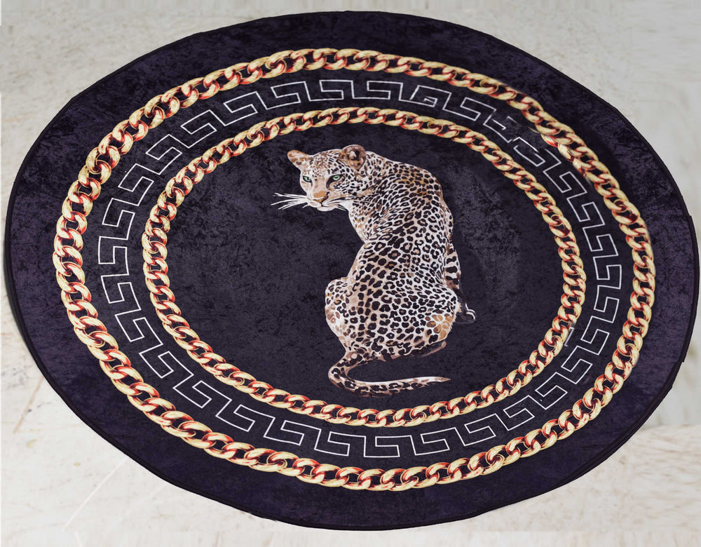 Round Single Icon Animalia Leopard  and Chain Print Rug - 39in x 39in