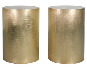 Vintage Brass Drum Metal Wrapped Side Tables - a Pair