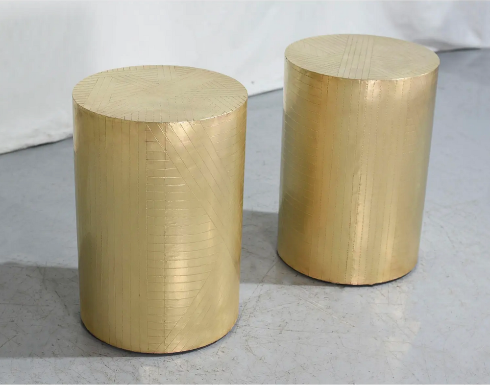 Vintage Brass Drum Metal Wrapped Side Tables - a Pair