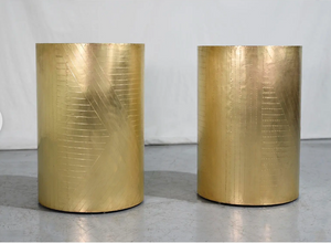 Vintage Brass Drum Metal Wrapped Side Tables - a Pair