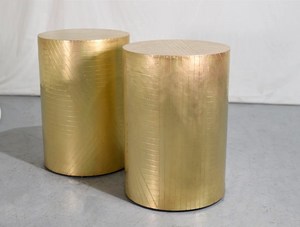 Vintage Brass Drum Metal Wrapped Side Tables - a Pair