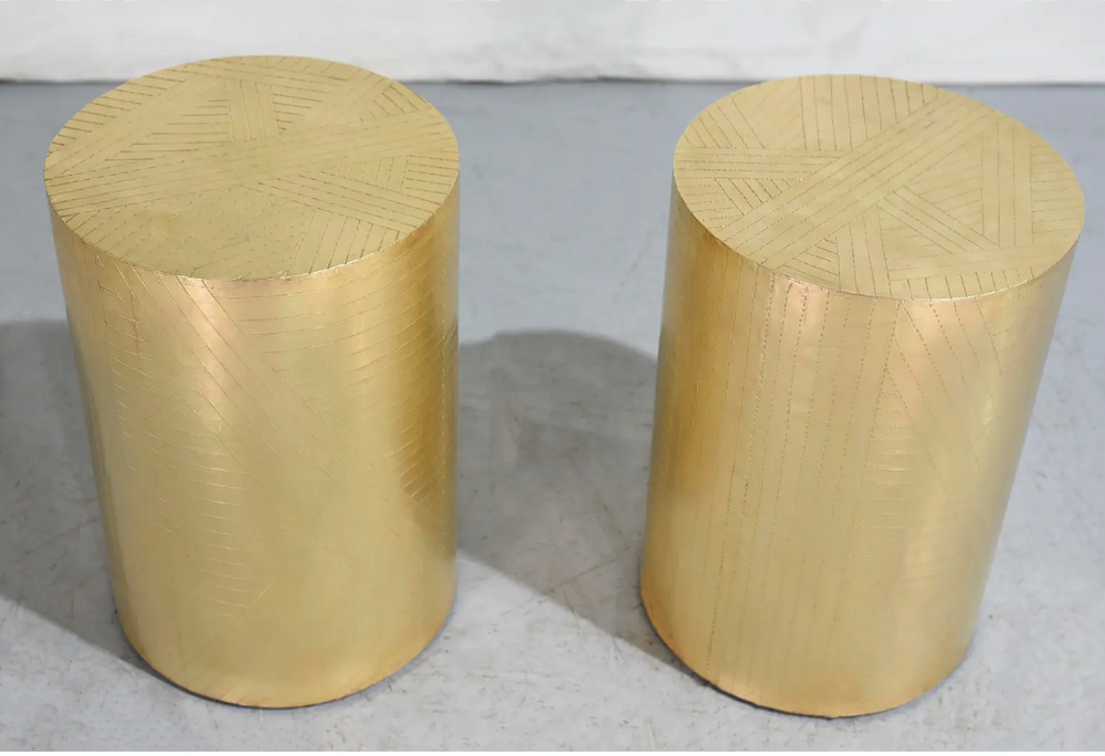 Vintage Brass Drum Metal Wrapped Side Tables - a Pair
