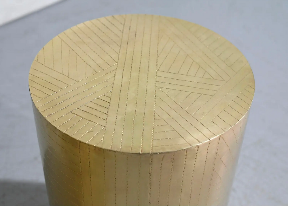Vintage Brass Drum Metal Wrapped Side Tables - a Pair