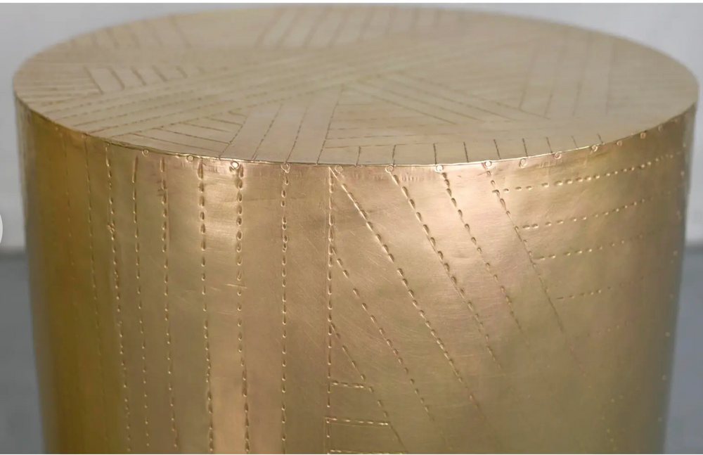 Vintage Brass Drum Metal Wrapped Side Tables - a Pair