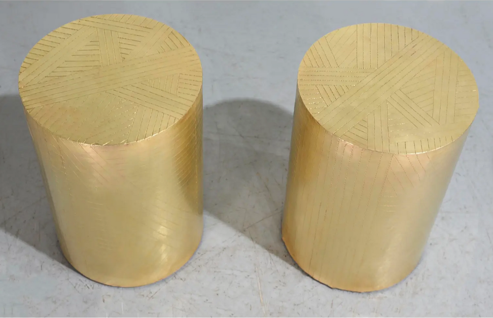 Vintage Brass Drum Metal Wrapped Side Tables - a Pair