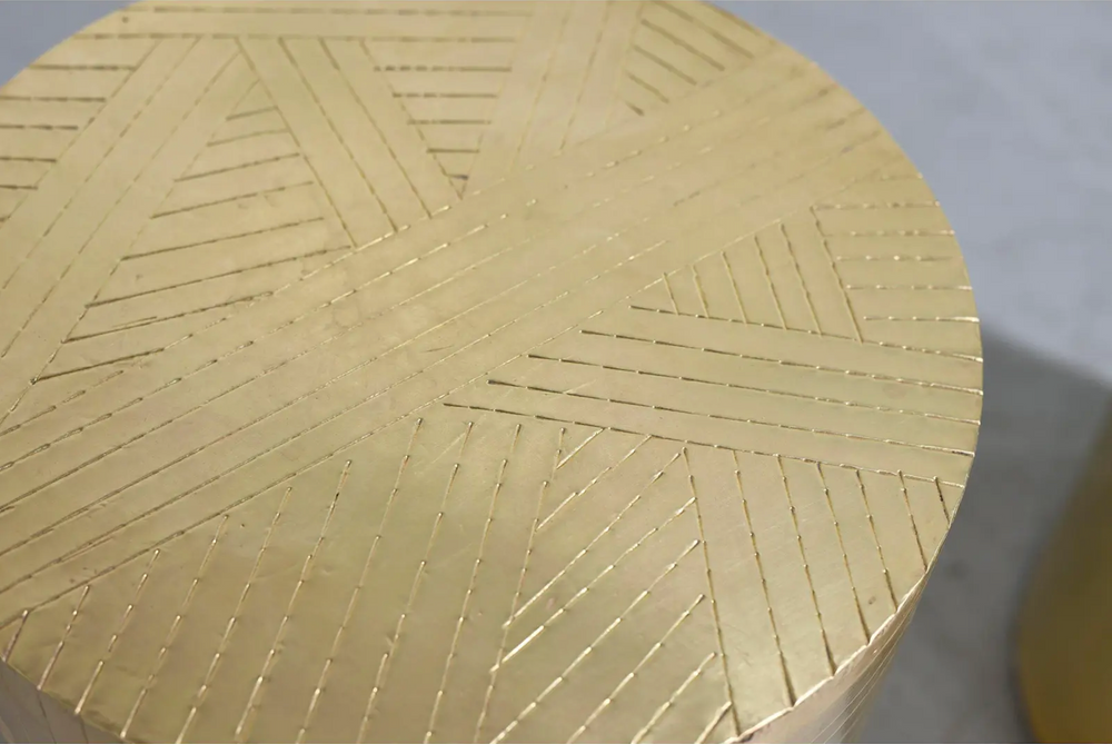 Vintage Brass Drum Metal Wrapped Side Tables - a Pair