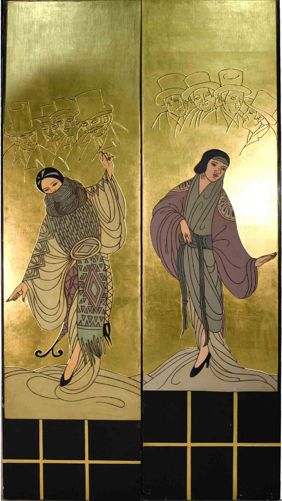 Vintage Art Deco Gold Leaf  Bi-Fold Screen Room Divider Style of Erté