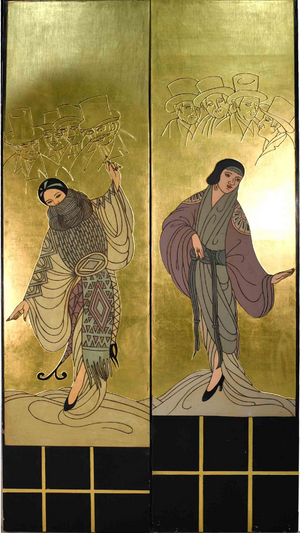 Vintage Art Deco Gold Leaf  Bi-Fold Screen Room Divider Style of Erté