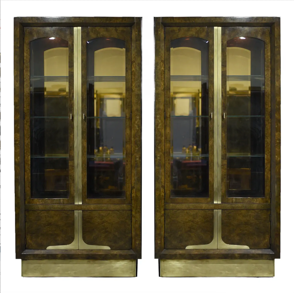 Mid-Century Amboyna Wood and Brass Lighted Curio Display by William Doezema for Mastercraft - Pair