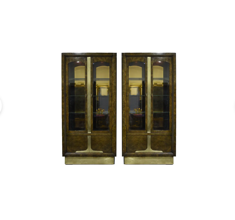 Mid-Century Amboyna Wood and Brass Lighted Curio Display by William Doezema for Mastercraft - Pair