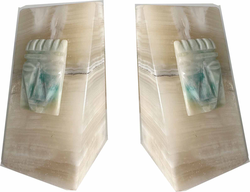 Vintage White Onyx  Aztec  Face Figurines Bookends - A Pair