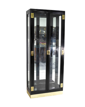 1985 American of Martinsville Black Lacquer Campaign Style Curio Display Cabinet